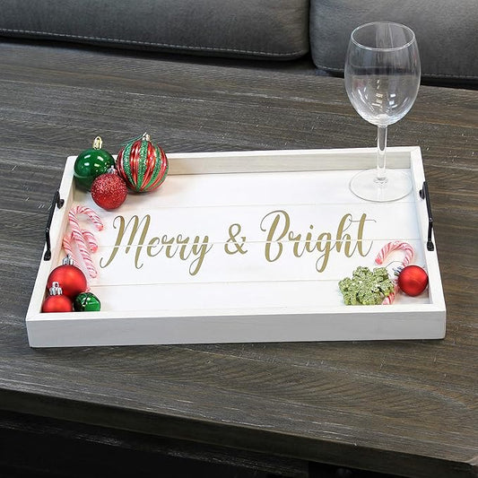 Elegant Designs HG2000-WMB Decorative Wood Serving Tray w/Handles, 15.50" x 12", Merry & Bright (Pack of 4)