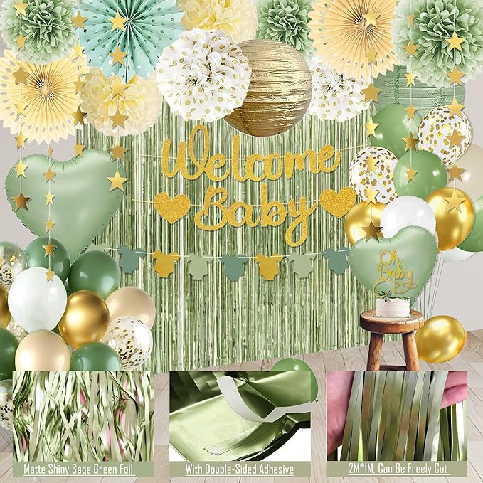 Sage Green Baby Shower Decorations - Gender Neutral Baby Shower Decor Set with Welcome Baby Banner, Tissue Pom Poms, Paper Lanterns, Flower Fans, Balloons, "Oh Baby" Cake Topper & Star Garland