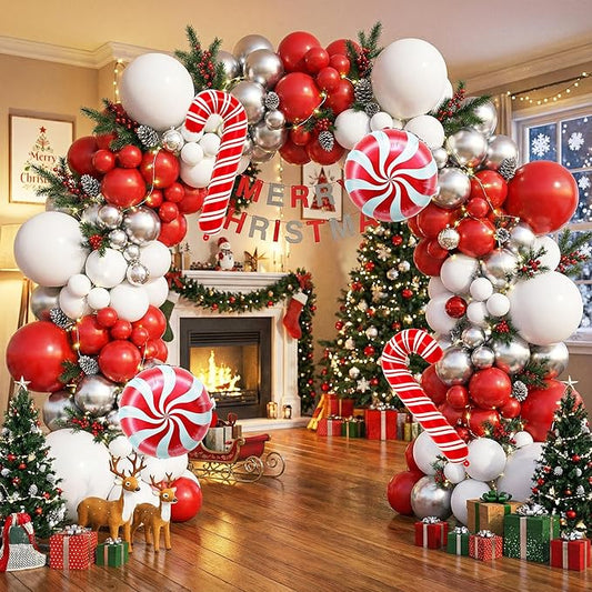 PartyXpress 135PCS Christmas Balloon Arch Garland Kit with Red White Silver Cane Candy Balloons for Xmas Party Backdrop, Holiday Birthday Decorations, Winter Garland Indoor, Snow Theme Baby Shower