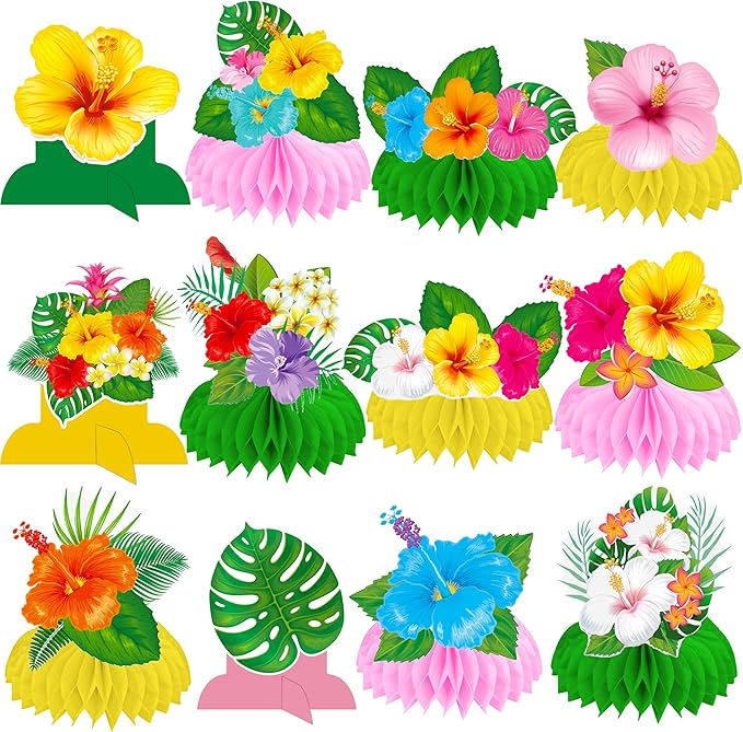 Hawaiian Tropical Party Honeycomb Centerpieces 12Pcs Hibiscus Flower Palm Leaves Centerpieces for Tables Hawaiian Flower Centerpieces Decorations for Hawaii Luau Aloha Party Supplies