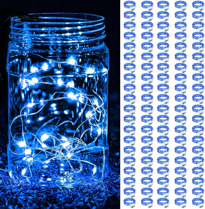 ZGWJ 100 Pack Fairy Lights Battery Operated, 7FT 20LED Mini Fairy String Lights Silver Wire 3 Modes for DIY, Parties, Wedding, Bedroom, Halloween Christmas Decoration- Blue
