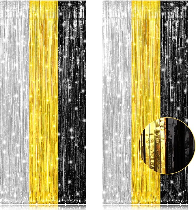 PIGETALE, 2 Pack 3.2x8.2 Feet Silver Black and Gold Tinsel Foil Fringe Curtains Streamers Backdrop for Bridal Baby Shower Wedding Engagement Birthday Graduation Bachelorette Holiday Party Decorations