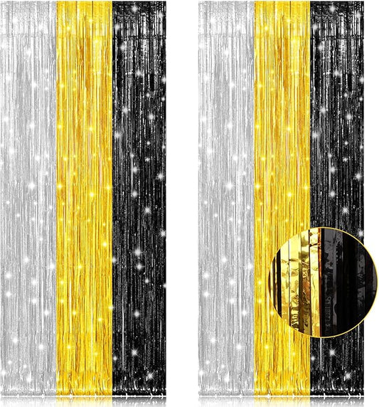 PIGETALE, 2 Pack 3.2x8.2 Feet Silver Black and Gold Tinsel Foil Fringe Curtains Streamers Backdrop for Bridal Baby Shower Wedding Engagement Birthday Graduation Bachelorette Holiday Party Decorations