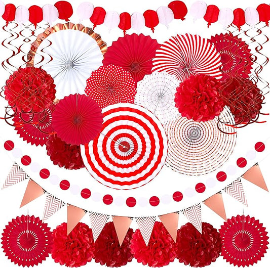 Moon Boat 35PCS Party Decorations Paper Fan Hanging Set - Birthday,Wedding,Baby Shower,Circus,Festival Decor (Red)