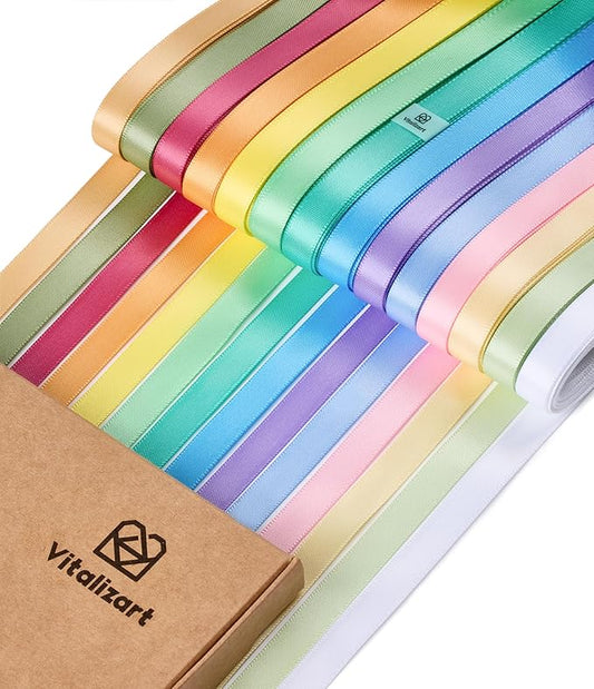 Vitalizart Pastel Satin Ribbon 3/8” x 14 Rolls 70 Yards Ribbon for Gift Wrapping Hair Craft Party Decoration Flower Bouquet Wedding Double Face Assorted Color