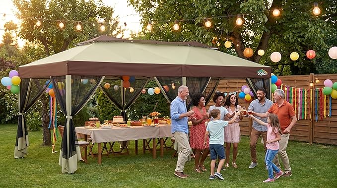 COBIZI 10x20 Pop up Gazebo, One-Push Setup Canopy Tent with Mosquito Netting & Vented Roof Design, Upgrade Metal Easy up Canopy Carpa Outdoor Gazebos for Backyard Camping Deck Party(Khaki & Brown)