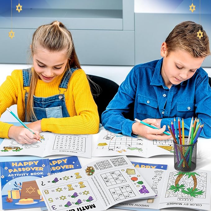 Passover Activity Books for Kids - 24Pcs Happy Passover Mini Games Coloring Book Set Bulk Mazes Word Search Word Scramble Games for Jewish Pesach Seder Holiday Party Classroom DIY Art Gifts Favors