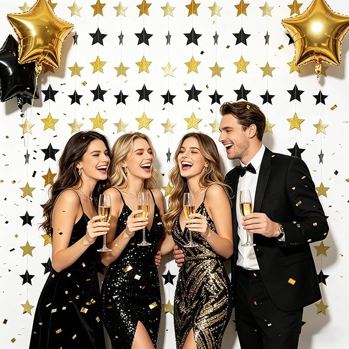 40Ft Black Gold Glitter Star Garland Double Sided Hanging Star Streamers, 2026 Graduation Decor Star Banner for Black and Gold Party, Birthday, Wedding, New Year Eve Party Supplies