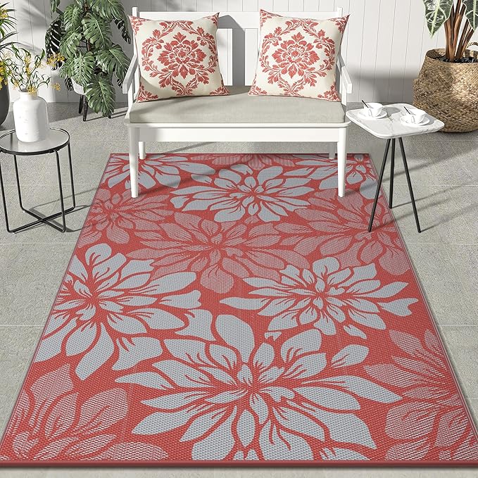 GENIMO Outdoor Rug Waterproof for Patio Decor, 5' x 8' Reversible Plastic Straw Floral Camping Carpet, Large Area Rugs Mats for RV, Camper, Deck, Balcony, Porch, Beach, Picnic, Red & Grey