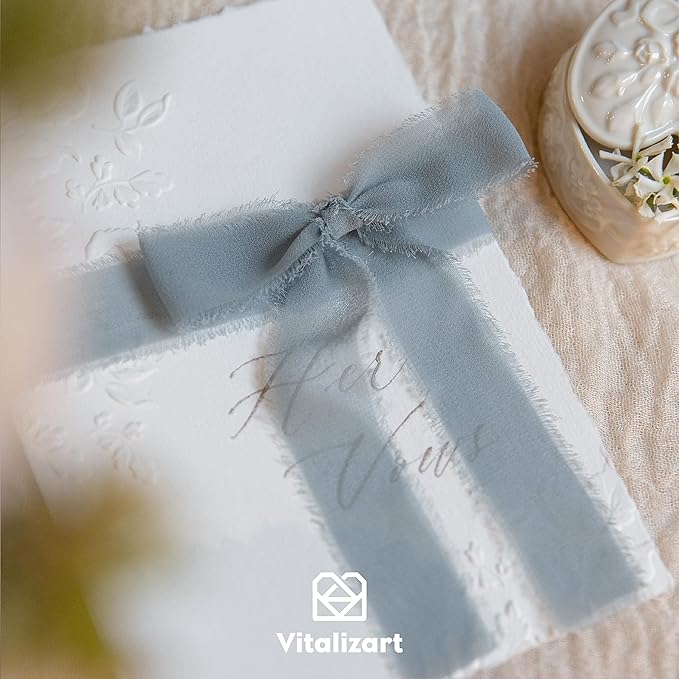 Vitalizart Dusty Blue Chiffon Silk Ribbon 1" x 21 Yd Fringe Fabric Package (3 Rolls * 7 Yd) for Wedding Invitations Bridal Bouquets Decorations Gifts Wrapping & Bow Making