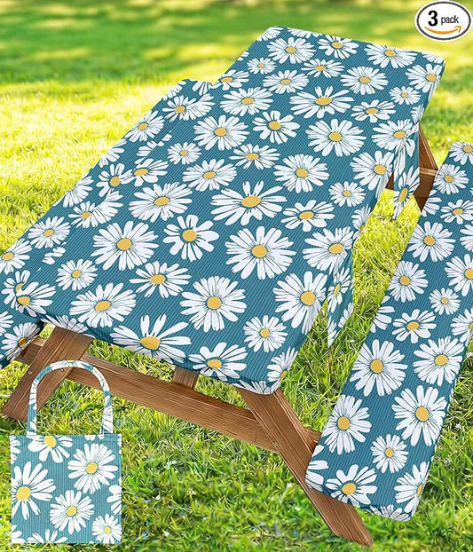 Picnic Table Cover with Bench Covers Tablecloth Glamping Essentials Travel Vacation Table Cloth Outdoor Cool Unique Fun Ideas Gifts for Camper Camping Lovers RV Owner Family Couple Women Female Mom