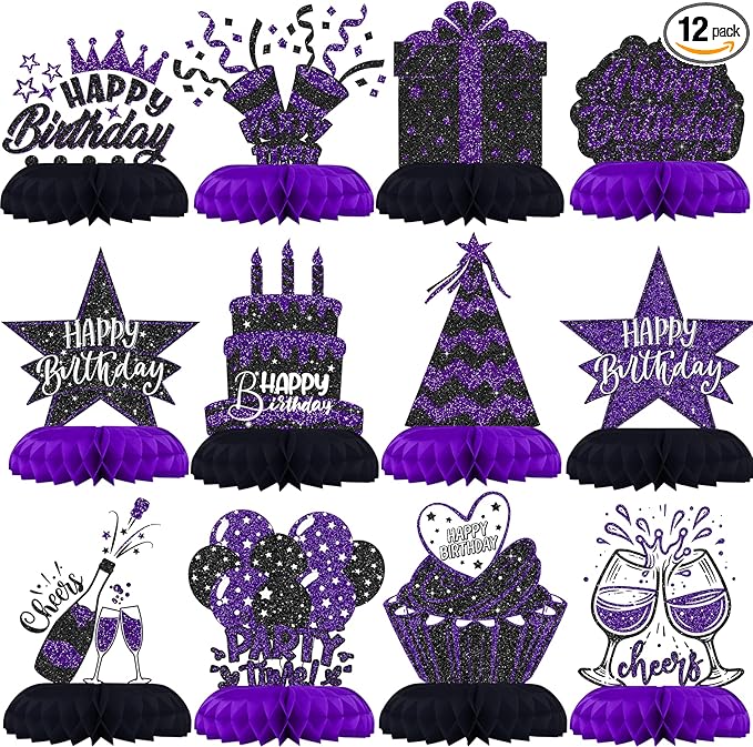 Black and Purple Birthday Decorations – 12PCS Honeycomb Table Centerpieces for Women Men Adults – Happy Birthday Table Decor Party Supplies