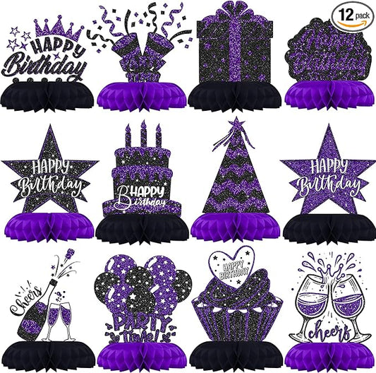 Black and Purple Birthday Decorations – 12PCS Honeycomb Table Centerpieces for Women Men Adults – Happy Birthday Table Decor Party Supplies