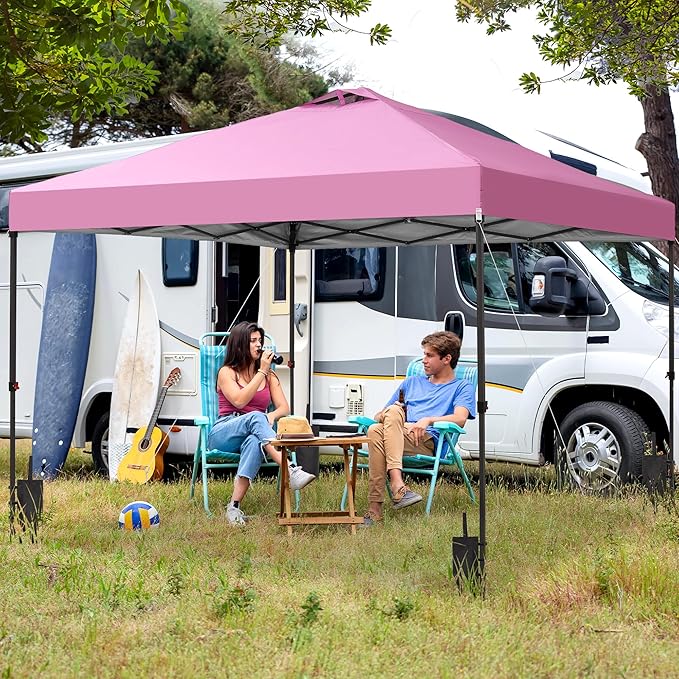 GDY 10x10 Pop Up Canopy Patio Carpas, One Push Set up with Central Lock Canopy with Hand Carry Bag, Included 4 Sandbaogs,8 Stakes and 4 Ropes, Pink