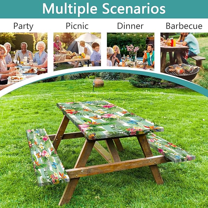 Picnic Table Cover with Bench Covers, Camping Essentials Hawaiian Luau Tropical Palm Leaves Flower Butterfly Waterproof Windproof Fitted Tablecloth Cover with Elastic Edge for Outdoor 3 PCS 30x96 Inch