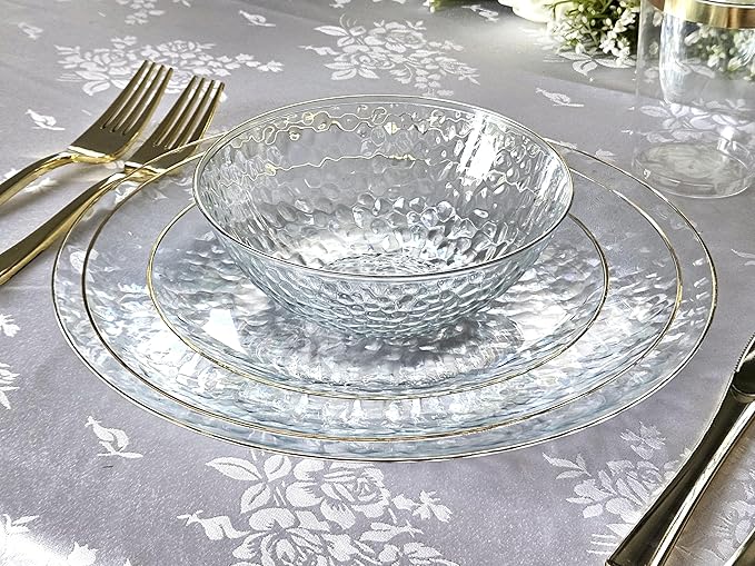" OCCASIONS " 240 Plates Pack,(120 Guests) Heavyweight Premium Disposable Plastic Plates Set -120 x 10'' Dinner + 120 x 7'' Salad / Dessert (Coastal Clear & Gold)