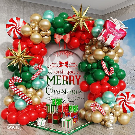 Christmas Balloon Arch Garland kit, 153PCS Xmas Red Green Gold Balloons Gift Box Balloons Candy Cane Foil Balloon Explosive Star Balloons for Christmas New Year Winter Parties Indoor Decor
