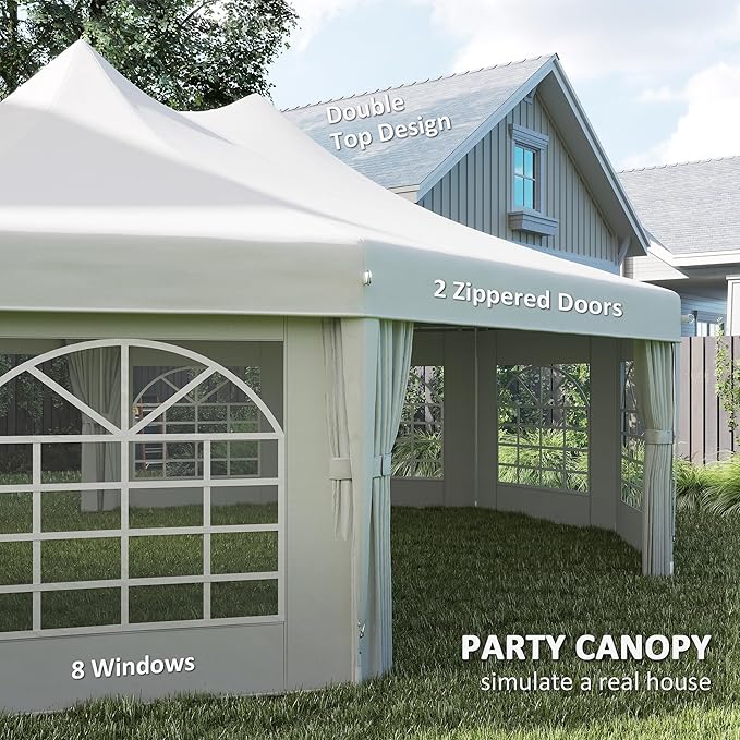 Outsunny 29 x 21 ft Party Tent, Outdoor Wedding Tent with Sidewalls, 2 Doors and 8 Windows for Party, White