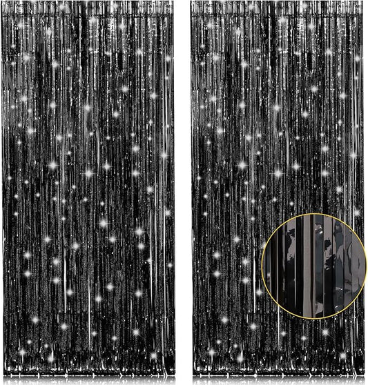 2 Pack 3.2ft x 8.2ft Black Tinsel Foil Fringe Curtains, Metallic Foil Tinsel Photo Booth Backdrop Streamer for New Years Decorations Halloween Bachelorette Birthday Holiday Celebration Party Supplies