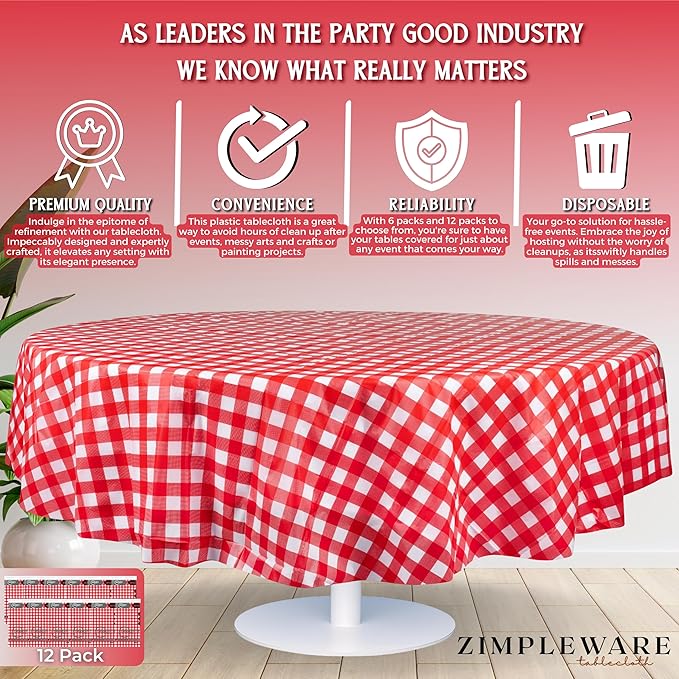 ZIMPLEWARE Premium Red Gingham Checkered Plastic Table Cloth Disposable (12 Pack) Round Tablecloth (84in) Party Table Cloths Disposable, Perfect Table Cloth Round Cover for Any Table Up to 6 Feet