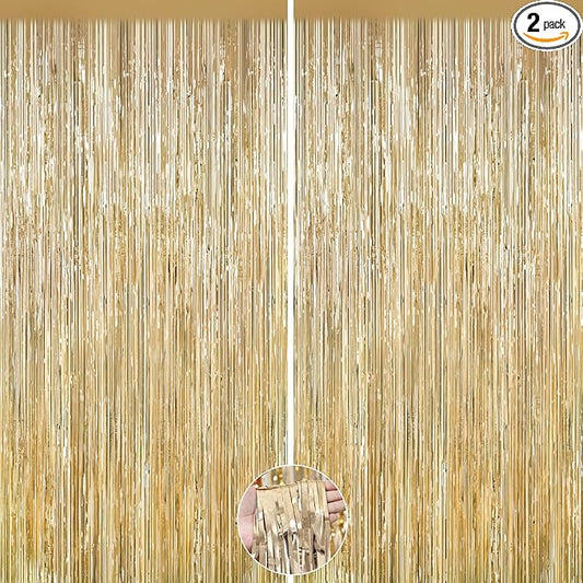 2Pack Champagne Gold Backdrop Birthday Decorations Foil Curtain Backdrop Gold Streamers Dance Party Decors Photo Booth Props for Bachelorette Decors Christmas Halloween New Years Eve Party Supplies