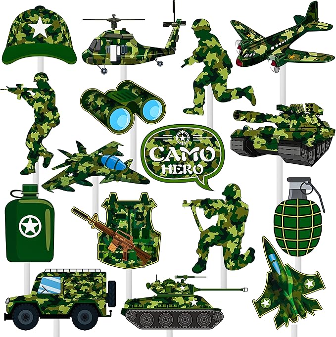 36pcs Camo Cupcake Toppers Camouflage Cake Decorations Military Cupcake Picks for Army Soldier Theme Birthday Party Baby Shower Supplies