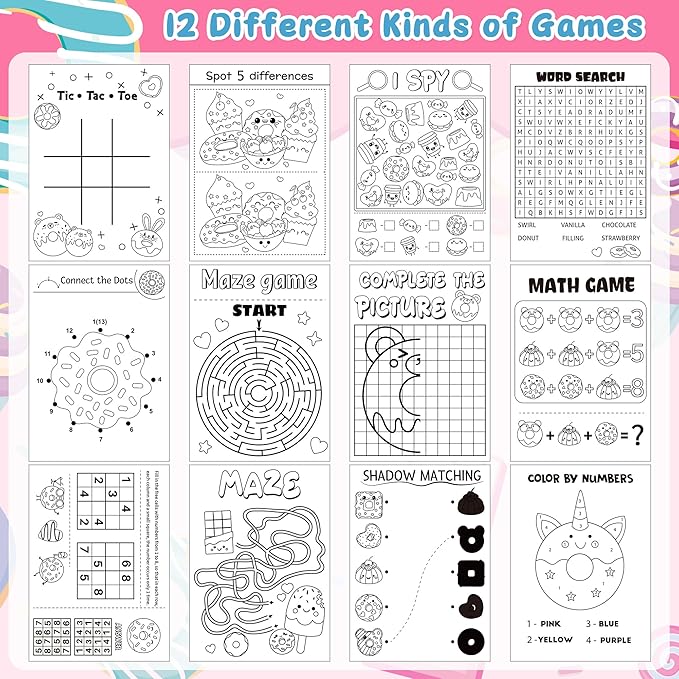 Donut Activity Books for Kids - 24Pcs Cute Doughnut Mini Game Coloring Booklet Bulk Maze Word Scramble Word Search Games for Birthday School DIY Activity Supplies Classroom Reward Goodies Bag Stuffer