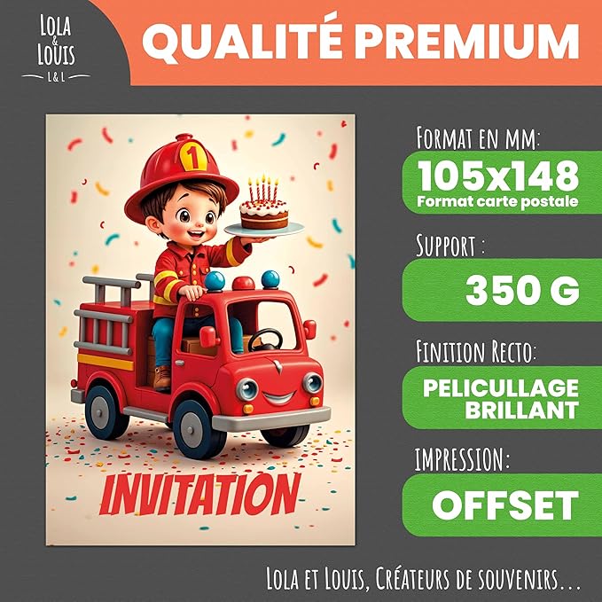 Lola and Louis® • 10 Children's Invitation Cards with Envelopes • Fire Truck Theme for Birthday and Parties • Easy to Fill • Girl and Boy Invitations • Thick Premium Quality Paper