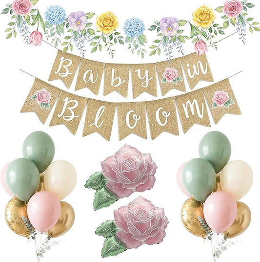 Baby in Bloom Balloon Kit - Dusty Sage Green & Pastel Pink Floral Decorations - Floral Foil Balloons & Banner Set for Girls Boho Baby Shower Spring Garden Birthday Tea Party Supplies