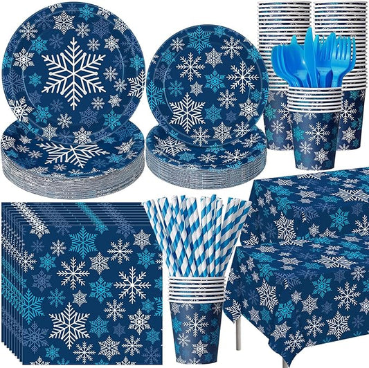 Funnymoom 452 Pcs Winter Dark Blue Snowflake Party Supplies for 50, Blue Silver White Snowflake Paper Plates Napkins Cups Tablecloth Cutlery Straws for Winter Birthday Wonderland Party Decoration