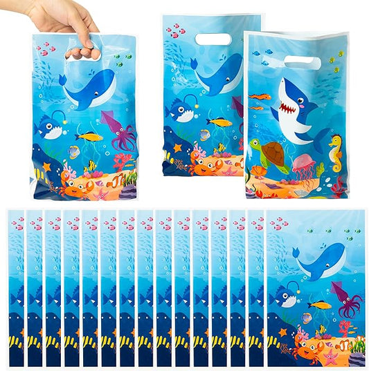 50Pcs Animal in the Sea Party Favor Bags Ocean Themed Plastic Waterproof Goodie Bag with Die Cut Handle Whale Shark Rectangular Gift Pack for Kids Birthday Baby Shower Decoration Supplies