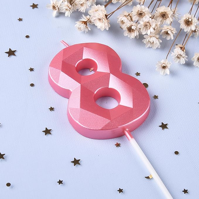 PHD CAKE 2.76 Inch Crystal Pink 8 Number Birthday Candles, Pink Cake Candles for Party Celebration