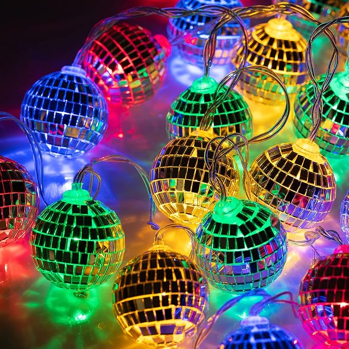 20 LED 2" Disco Balls String Lights 10.5ft, Memory Timer, Battery Operated Portable Decorative Novelty Christmas Holiday Hanging Fairy Light Garland Indoor/Outdoor, Silver Mirror/Colorful