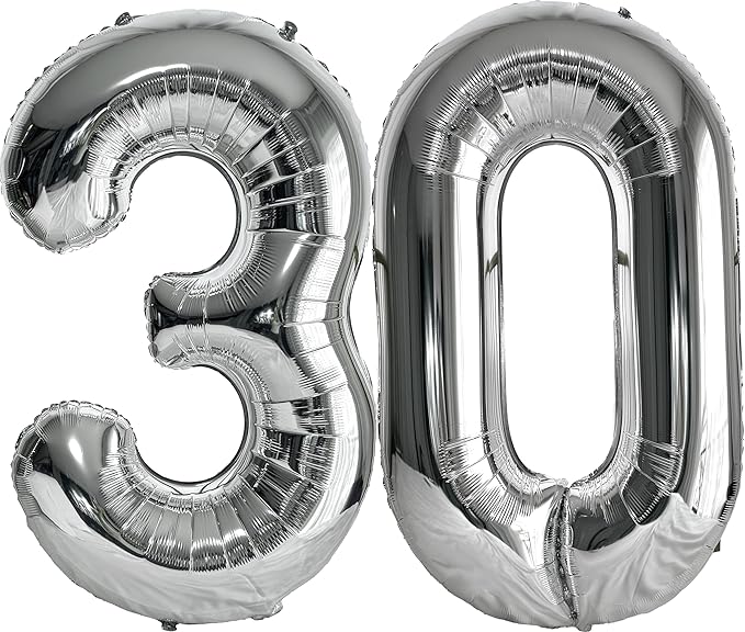 FIROMI 30 Number Balloons Silver Big Giant Jumbo Huge Foil Mylar 30 Balloon Numbers for 30th Birthday Party Anniversary Events Decorations 40-inches
