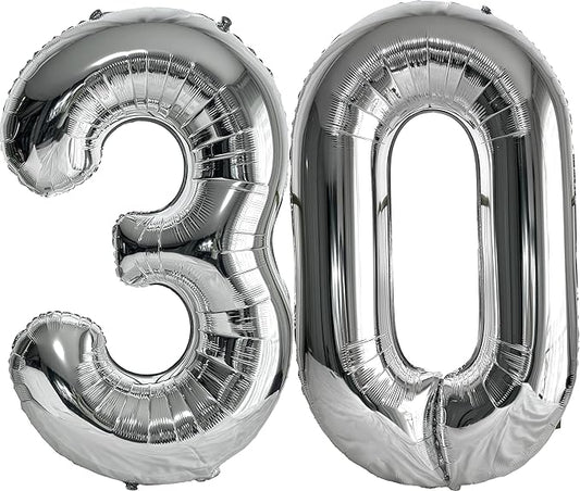 FIROMI 30 Number Balloons Silver Big Giant Jumbo Huge Foil Mylar 30 Balloon Numbers for 30th Birthday Party Anniversary Events Decorations 40-inches