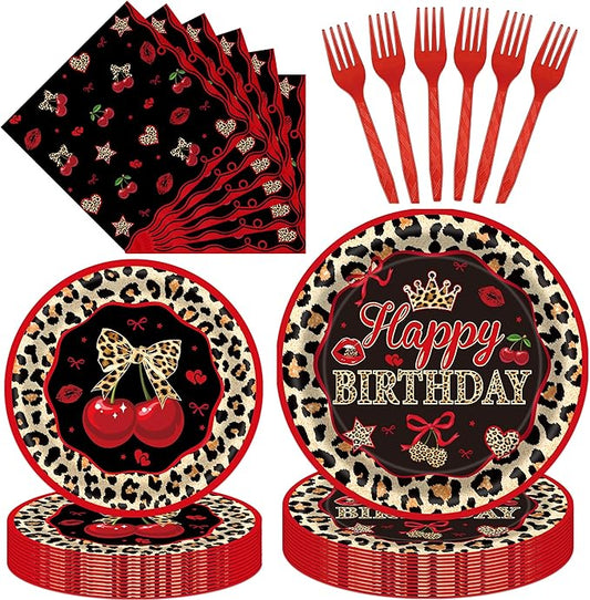Cheetah Print Birthday Decorations - 96 Pcs Red and Black Leopard Cherries Disposable Paper Dessert Plates Napkins Forks Decor Sweet Vintage Party Supplies for Women Girls Serves 24 Guests