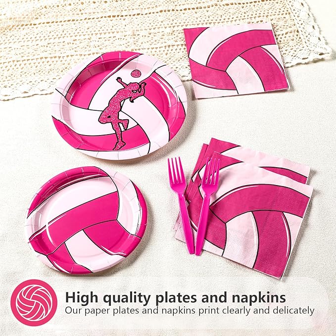Grencian 96Pcs Pink Volleyball Party Supplies Volleyballs Paper Plates and Napkins Sports Birthday Party Disposable Tableware for Girl Volleyball Birthday Decorations Serves 24
