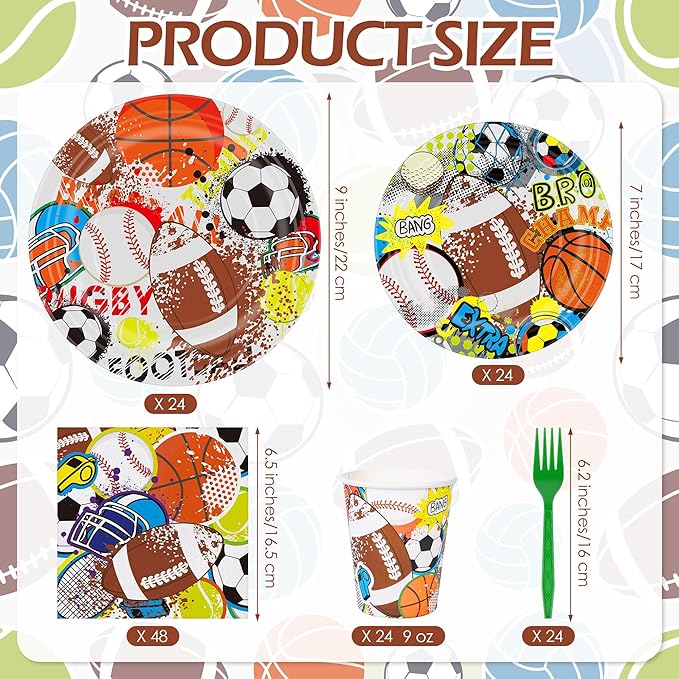 Kochorie 144 Pieces Sports Party Supplies, Sports Tableware Sets Including Disposable Paper Plates Napkins Cups Forks Serves 24 for Birthday Rugby Baseball Basketball Soccer Party Decorations