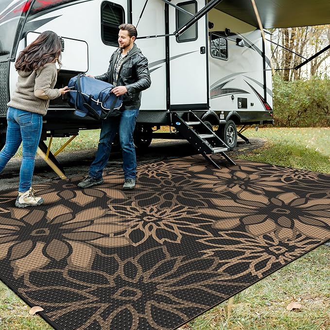 GENIMO Outdoor Rug Waterproof for Patio Decor, 10' x 14' Reversible Plastic Straw Floral Camping Carpet, Large Area Rugs Mats for RV, Camper, Deck, Balcony, Porch, Beach, Picnic, Black & Brown