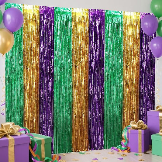 BEISHIDA 3Pcs Green Gold Purple Door Streamers Backdrop Foil Fringe Tinsel Curtains Backdrops for Birthday Baby Shower Carnival Mardi Gras Party Decoration (3.28 ft x 6.56 ft)