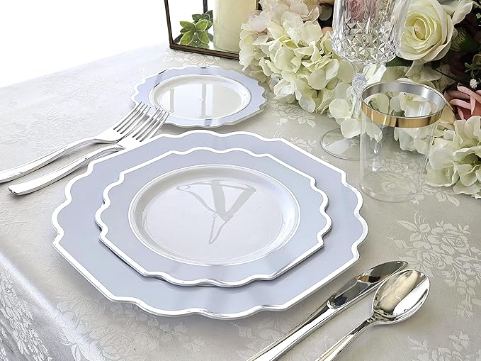 " OCCASIONS " 80 Plates Pack,(40 Guests) Heavyweight Premium Wedding Party Disposable Plastic Plates Set -40 x 10.5'' Dinner + 40 x 8'' Salad/Dessert (Imperial in White/Blue & Silver)