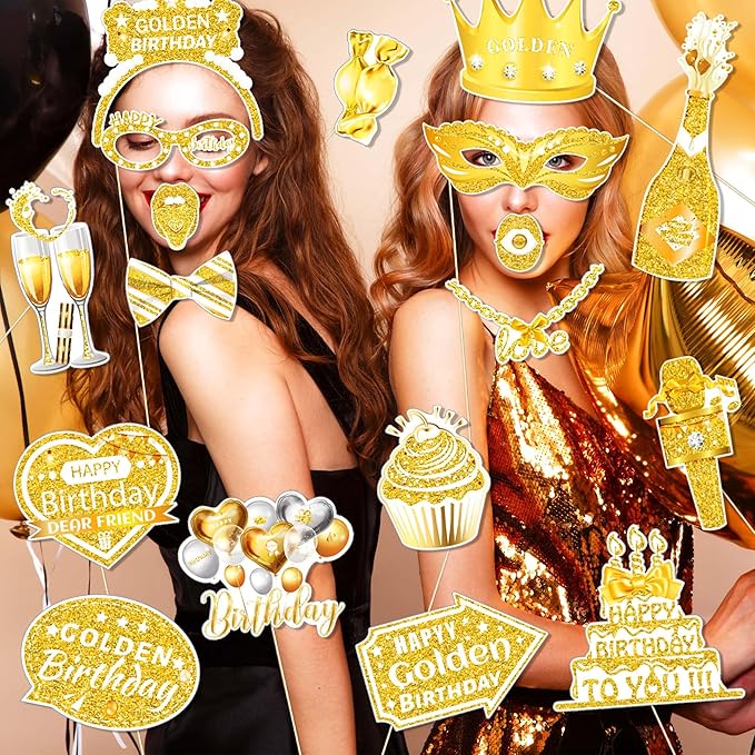 25 Pcs Golden Birthday Photo Booth Props Kit, Gold Glitter Stay Golden Birthday Party Decoration Set, Funny Happy Gold Bday Selfie Photo Props for Boys Girls Women Men, Birthdays Party Supplies
