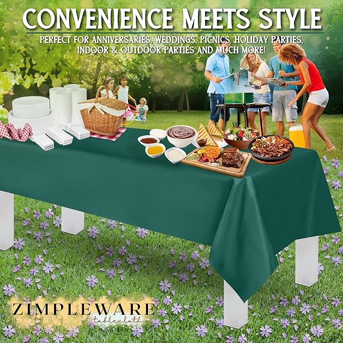 ZIMPLEWARE Premium Dark Green Plastic Table Cloth Disposable (6 Pk) Plastic Tablecloths for Rectangle Tables (54in x 108in) Party Table Cloths Disposable for 6ft to 8ft Rectangle Tables