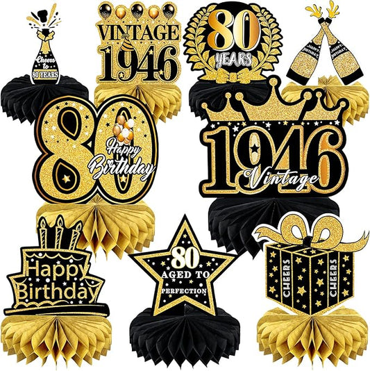 9 Pcs 80th Birthday Decoration for Men Women Happy 80th Birthday Honeycomb Centerpieces 80th Birthday Table Party Decorations Black and Gold Cheers to 80 Years Decor 1946 Birthday Party Favors