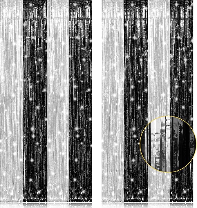 PIGETALE, 2 Pack 3.2 x 8.2 ft Black and Silver Foil Fringe Curtains Party Decorations, Sparkle Tinsel Curtain Photo Backdrop for Birthday Wedding Graduation Stream
