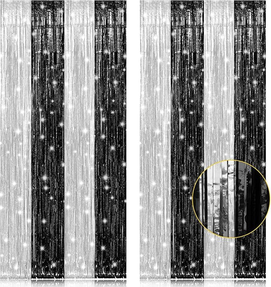 PIGETALE, 2 Pack 3.2 x 8.2 ft Black and Silver Foil Fringe Curtains Party Decorations, Sparkle Tinsel Curtain Photo Backdrop for Birthday Wedding Graduation Stream
