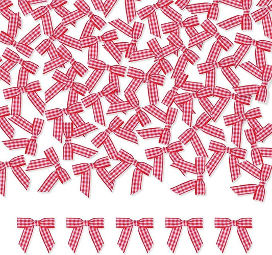 Meseey 100 Pcs 1.5 Inches Premade Craft Bows Self Adhesive Red and White Plaid Satin Ribbon Bows for Treat Bags Gift Wrapping Basket Wedding Baby Shower Brithday Party(Red and White Plaid)