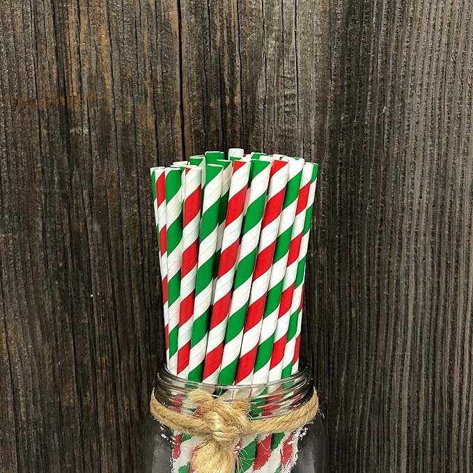 50 Christmas Paper Straws - Red White and Green - Stripe - 50 Pack Outside the Box Papers Brand