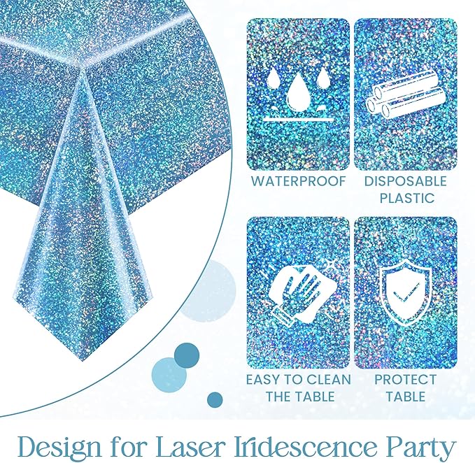 Just Shimmer Sparkling Holographic Laser Tablecloth - Shimmering, Waterproof, Easy to Clean - Ideal for Bachelorette, Birthday, Wedding, and Anniversary Party Decorations (Pink & Light Blue, 2)