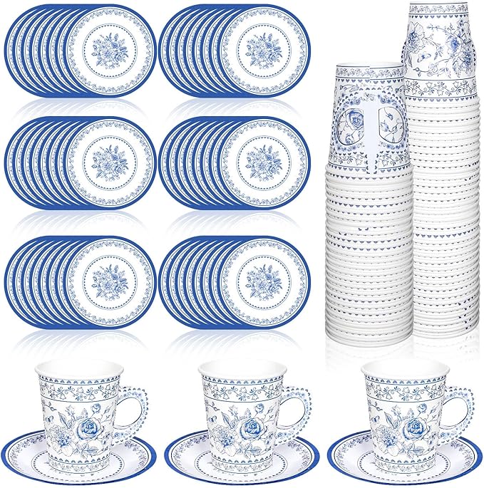 Whaline 80Pcs Blue White Floral Paper Tea Cups and Saucers Porcelain Chinoiserie Flower 9oz Disposable Teacups with Handle Dessert Plates for Wedding Baby Shower Birthday Spring Tea Party, Serves 40